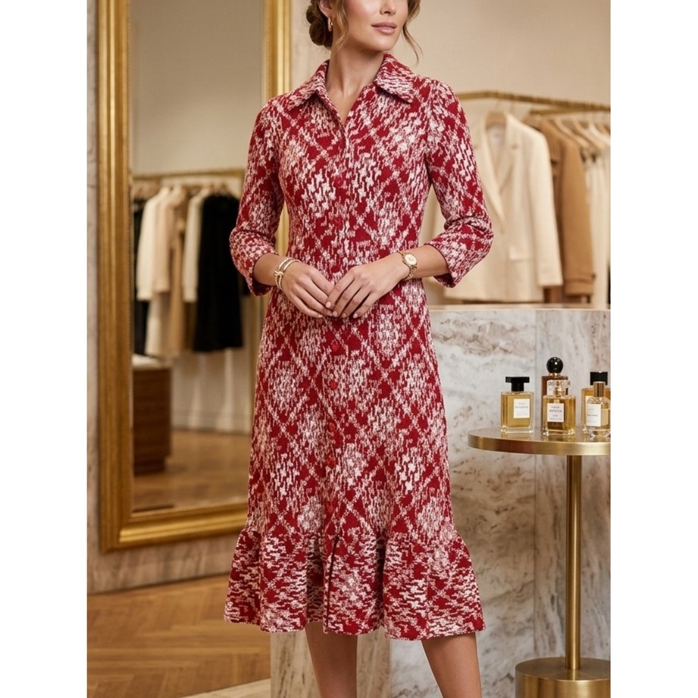 Vintage Richard Frontman Red White Geometric Knit Button Front Ruffle Midi Dress
